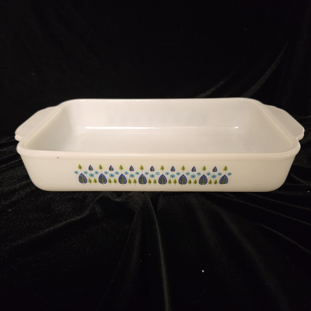 FireKing Milk Glass Casserole Dish Alpine Swiss Chalet Pattern 10.5 x 6.5 x 1.75